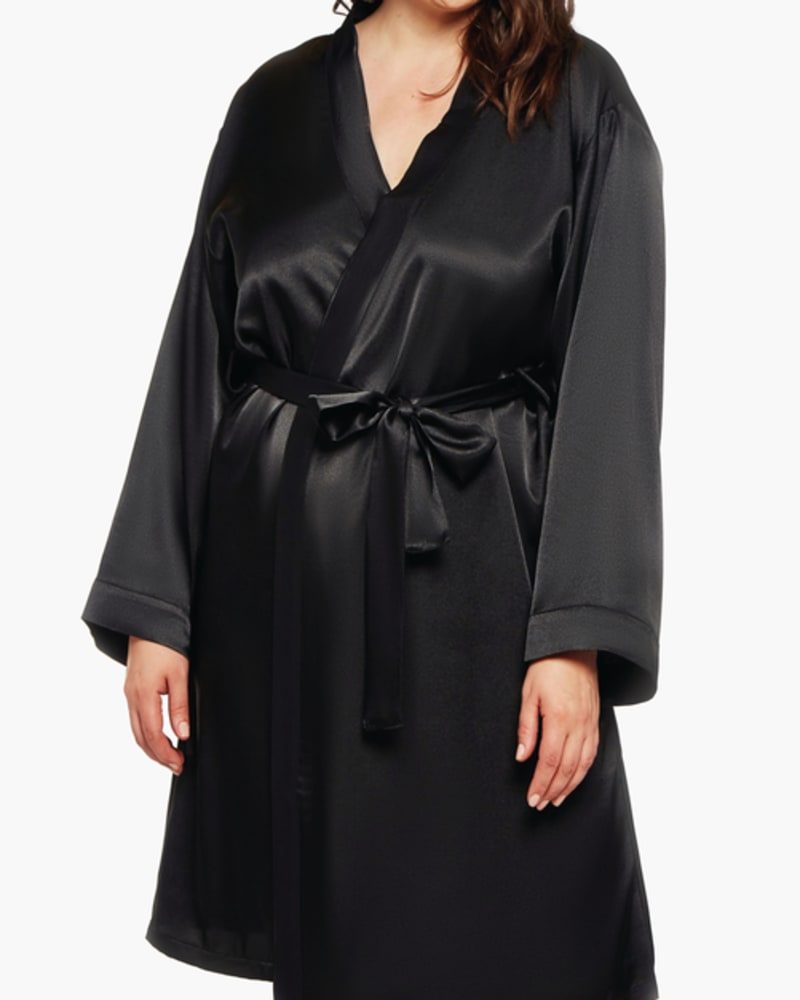 Front of a model wearing a size 1X Gina Satin Robe in Black by iCollection. | dia_product_style_image_id:253999